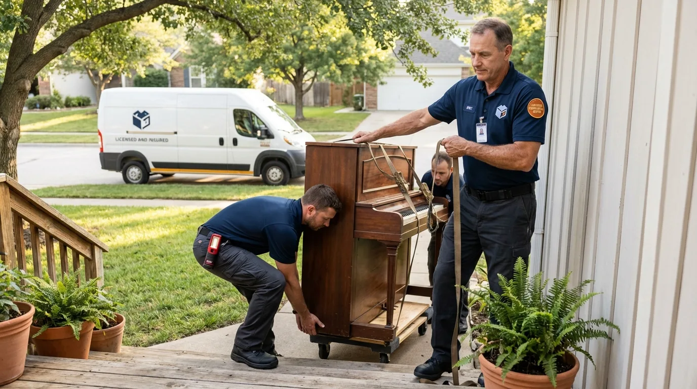 Licensed piano movers securing grand piano in Senath, MO