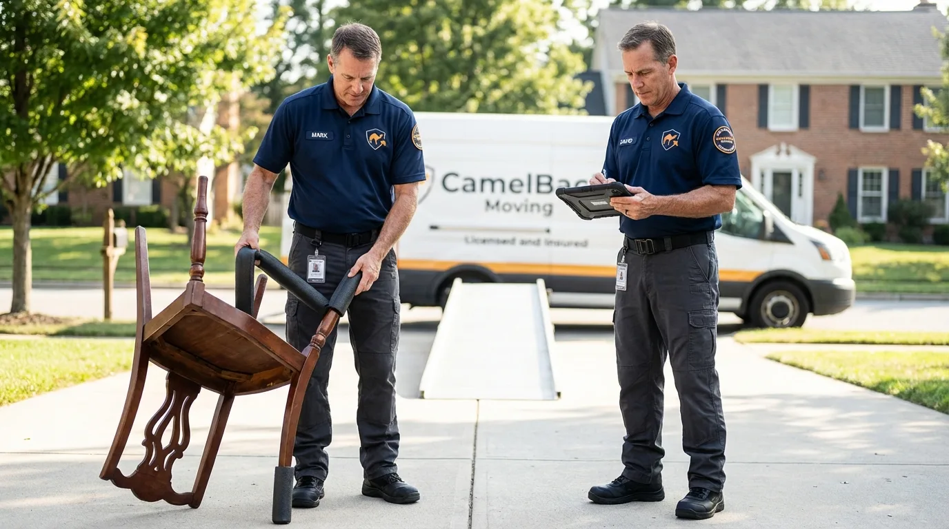 Movers inspecting furniture for damage prevention before loading in Senath, MO