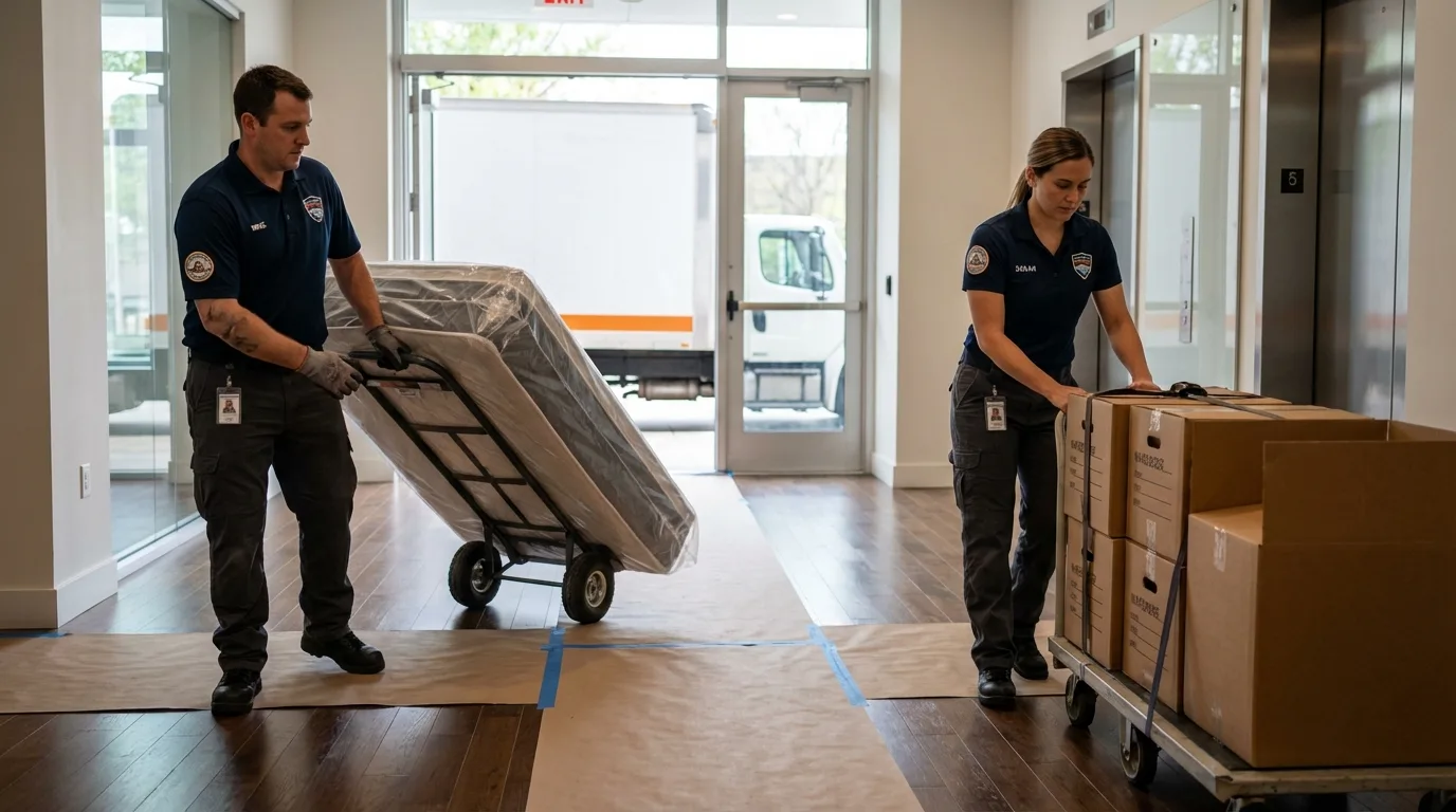 Professional apartment movers loading elevator in Senath, MO